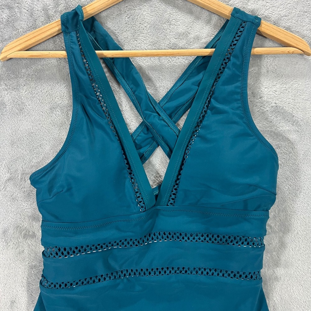 Tempt Me One Piece Swimsuit Womens Small Teal Blue New‎ Crochet Mesh V-Neck - Picture 9 of 11